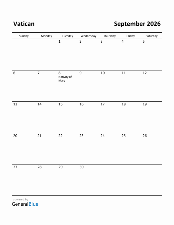 September 2026 Calendar with Vatican Holidays