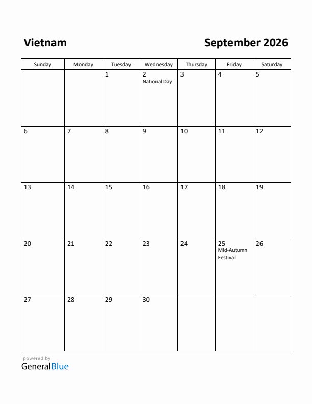 September 2026 Calendar with Vietnam Holidays