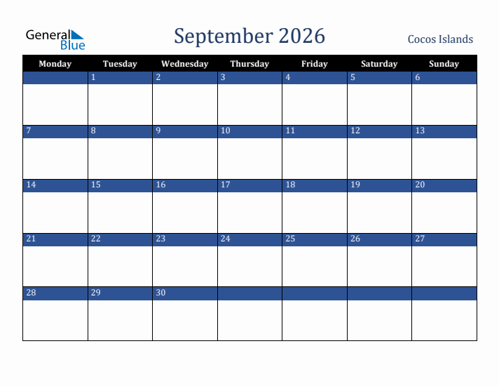 September 2026 Cocos Islands Calendar (Monday Start)