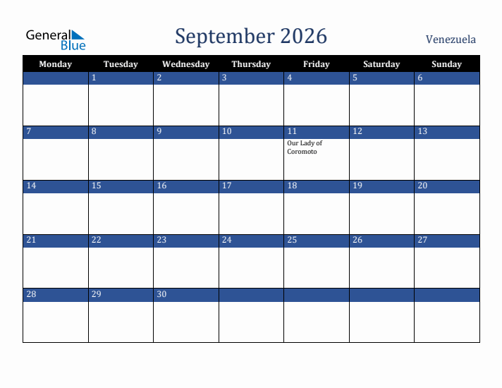 September 2026 Venezuela Calendar (Monday Start)