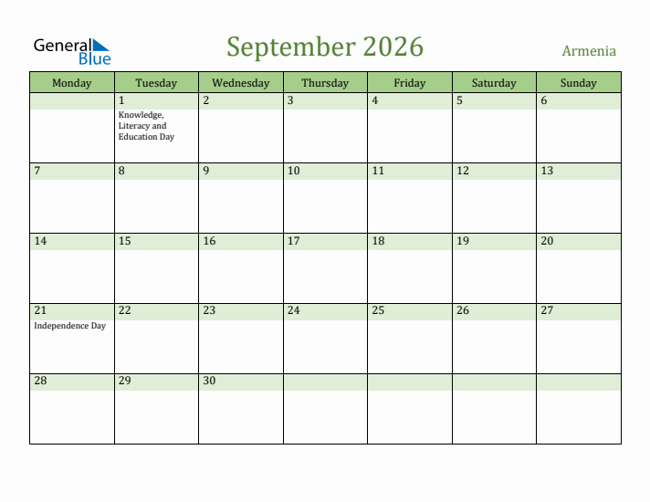 September 2026 Calendar with Armenia Holidays