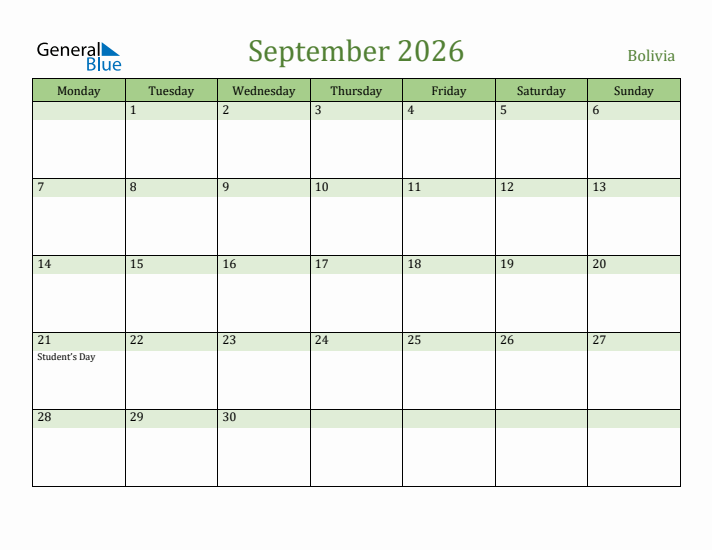 September 2026 Calendar with Bolivia Holidays