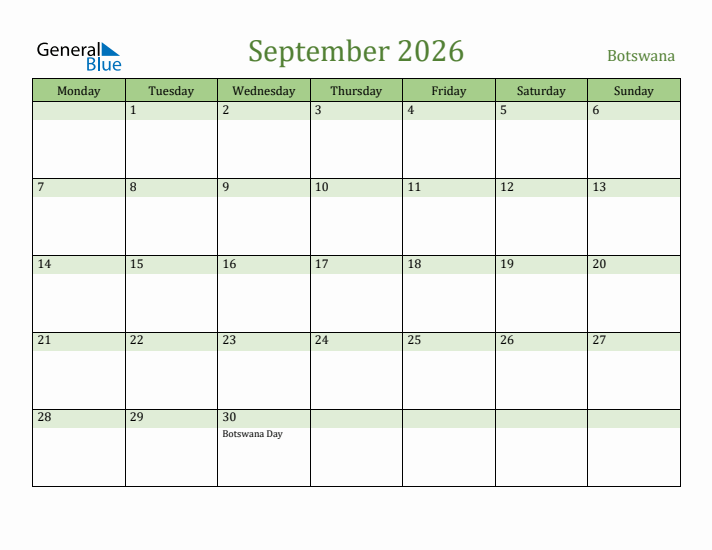 September 2026 Calendar with Botswana Holidays