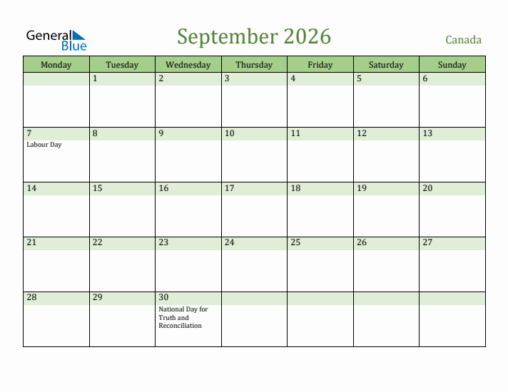 September 2026 Calendar with Canada Holidays