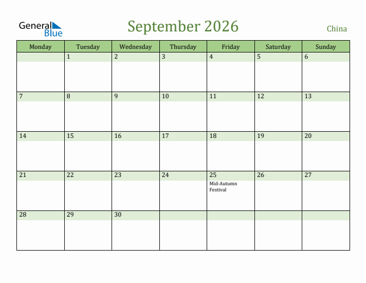 September 2026 Calendar with China Holidays