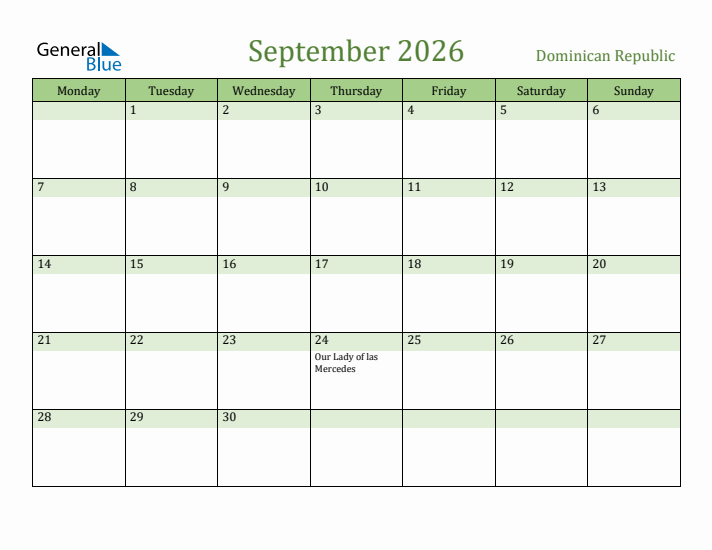 September 2026 Calendar with Dominican Republic Holidays