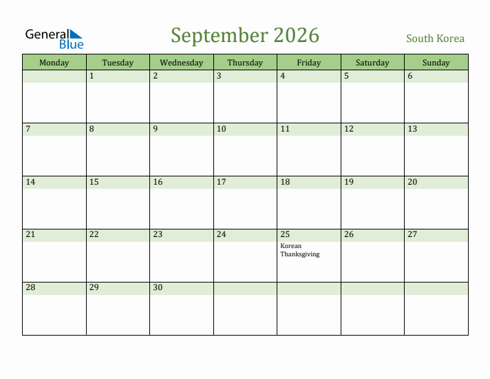 September 2026 Calendar with South Korea Holidays