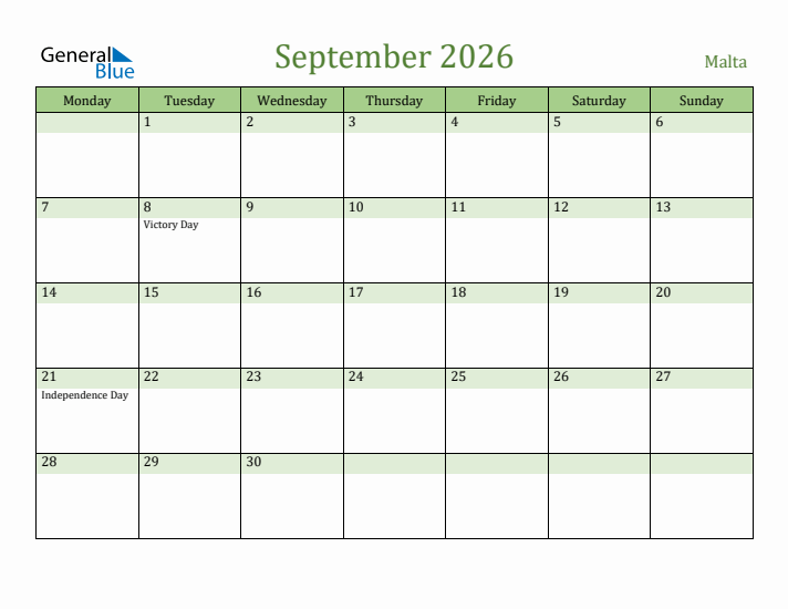 September 2026 Calendar with Malta Holidays