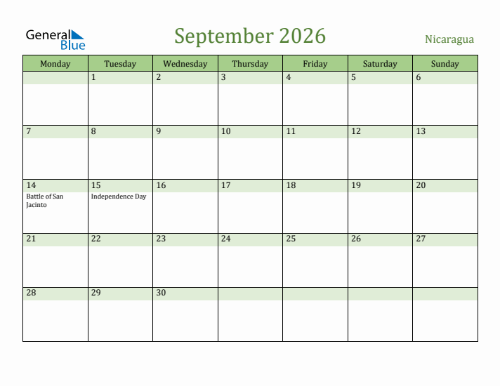 September 2026 Calendar with Nicaragua Holidays