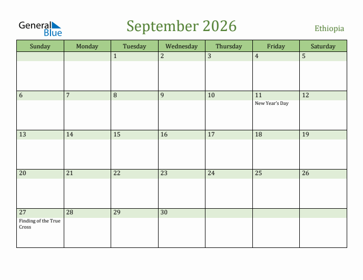 September 2026 Calendar with Ethiopia Holidays