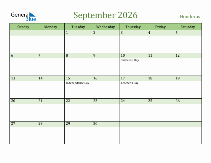 September 2026 Calendar with Honduras Holidays