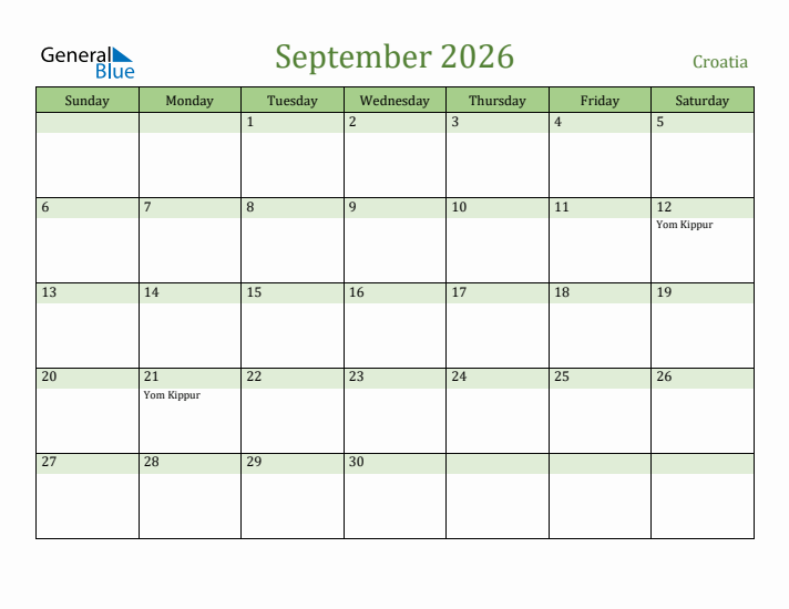 September 2026 Calendar with Croatia Holidays