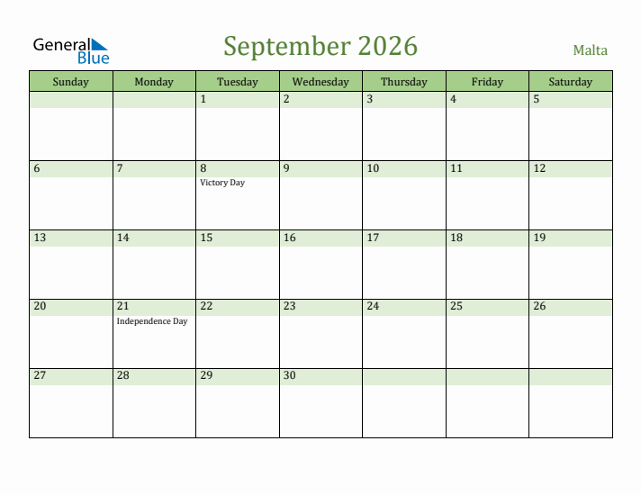 September 2026 Calendar with Malta Holidays