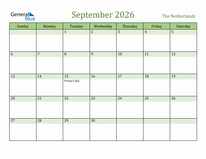 September 2026 Calendar with The Netherlands Holidays