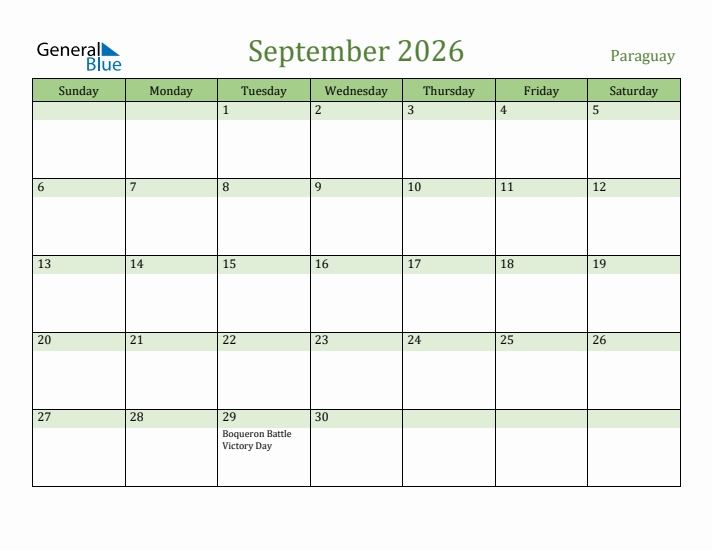 September 2026 Calendar with Paraguay Holidays