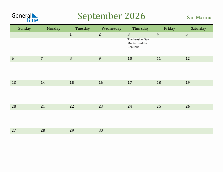 September 2026 Calendar with San Marino Holidays