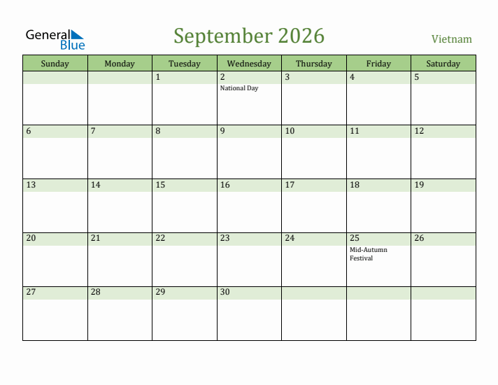 September 2026 Calendar with Vietnam Holidays