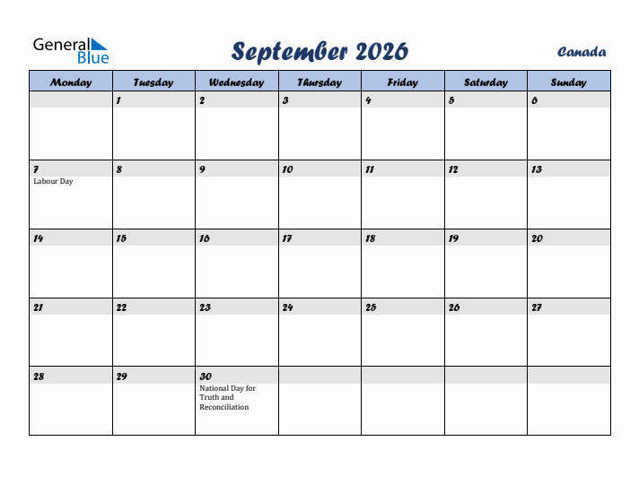 September 2026 Calendar with Holidays in Canada