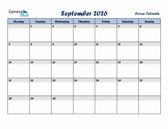 September 2026 Calendar with Holidays in Cocos Islands