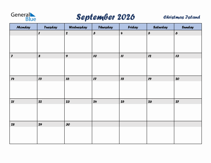 September 2026 Calendar with Holidays in Christmas Island