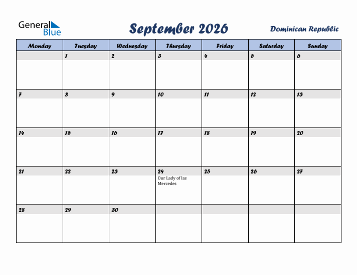 September 2026 Calendar with Holidays in Dominican Republic