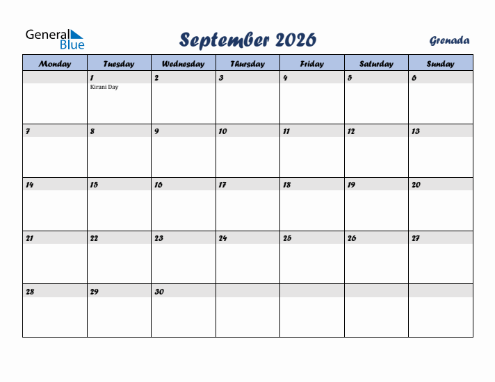 September 2026 Calendar with Holidays in Grenada