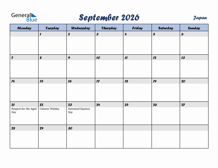 September 2026 Calendar with Holidays in Japan