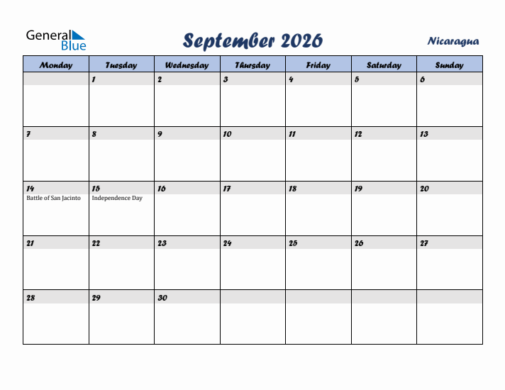 September 2026 Calendar with Holidays in Nicaragua