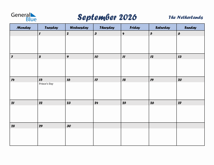 September 2026 Calendar with Holidays in The Netherlands