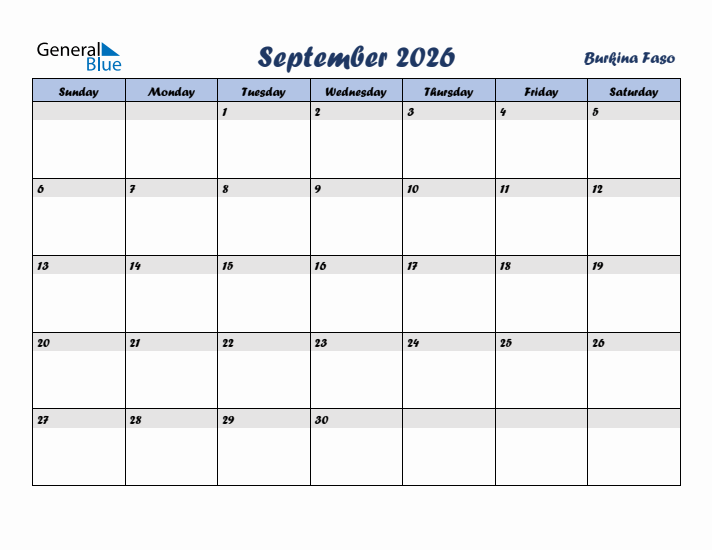 September 2026 Calendar with Holidays in Burkina Faso