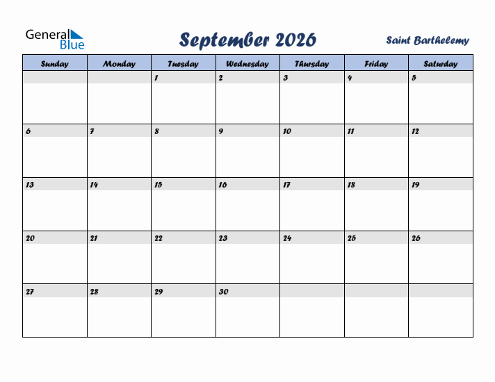 September 2026 Calendar with Holidays in Saint Barthelemy