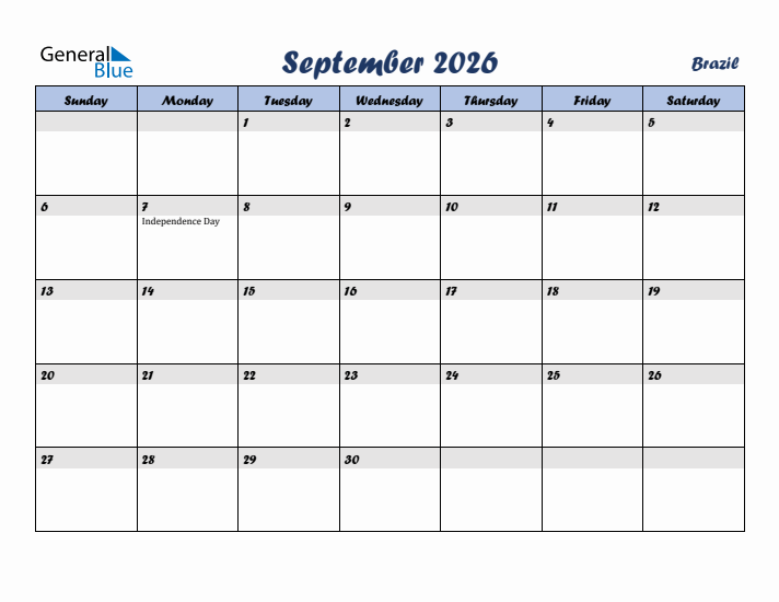 September 2026 Calendar with Holidays in Brazil