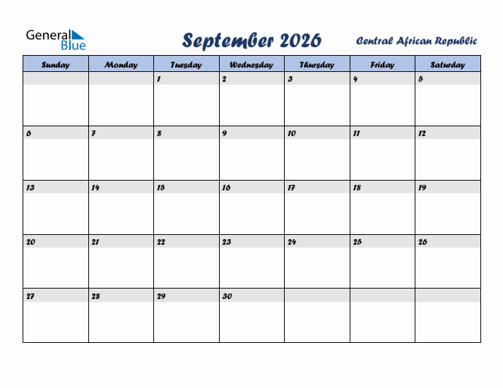 September 2026 Calendar with Holidays in Central African Republic