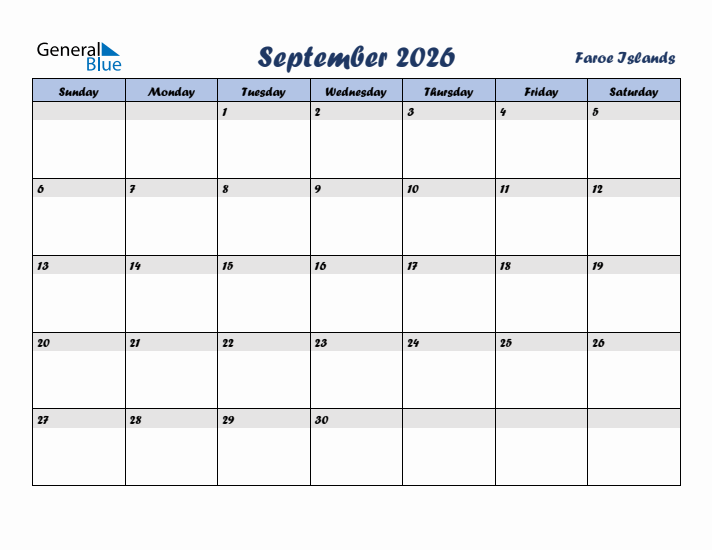 September 2026 Calendar with Holidays in Faroe Islands