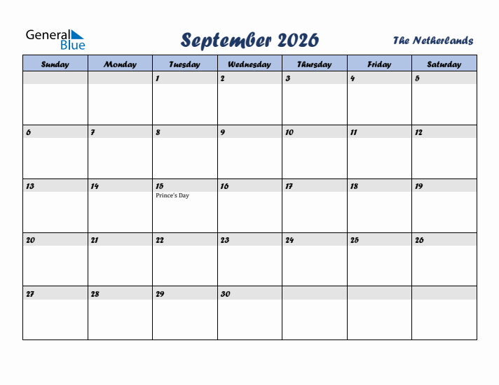 September 2026 Calendar with Holidays in The Netherlands