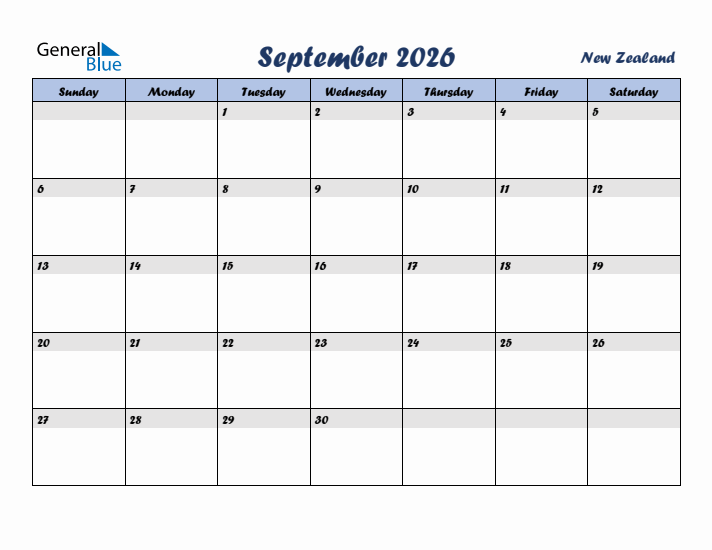 September 2026 Calendar with Holidays in New Zealand