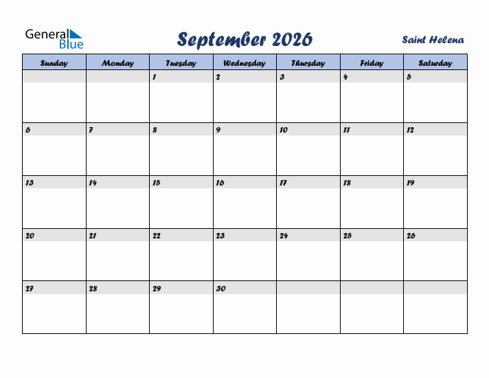 September 2026 Calendar with Holidays in Saint Helena