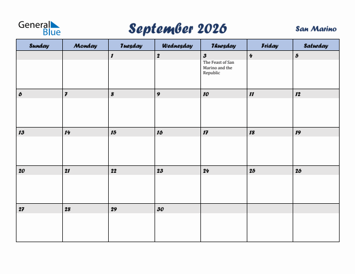 September 2026 Calendar with Holidays in San Marino