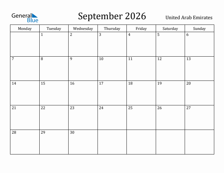 September 2026 Calendar United Arab Emirates