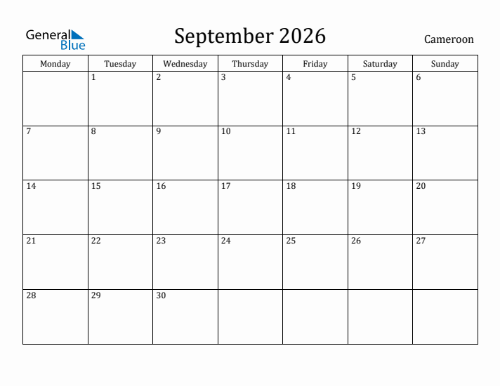 September 2026 Calendar Cameroon