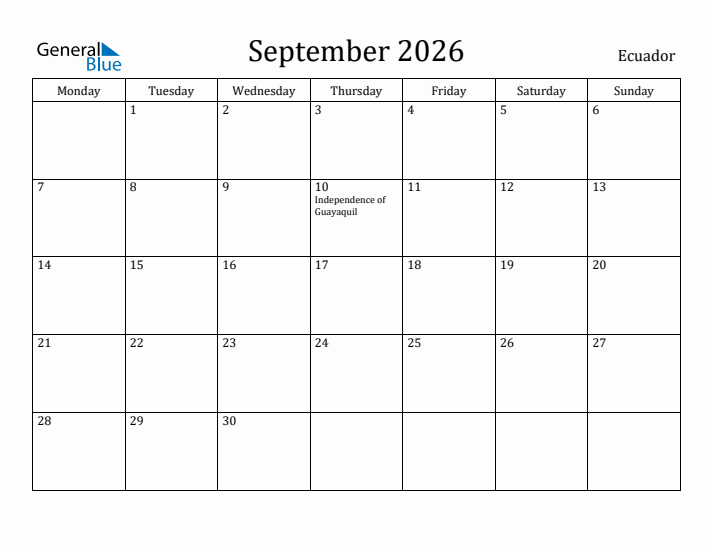 September 2026 Calendar Ecuador