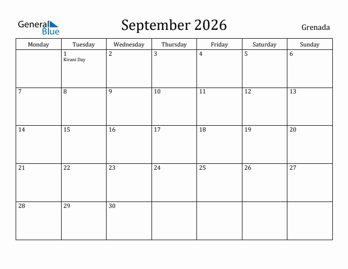 September 2026 Calendar Grenada