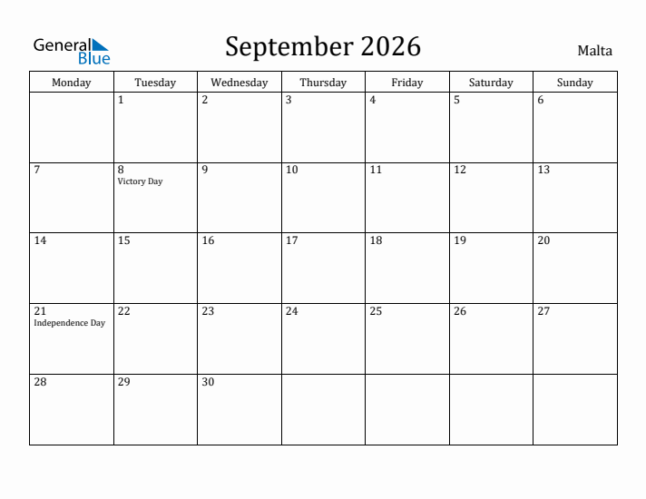 September 2026 Calendar Malta