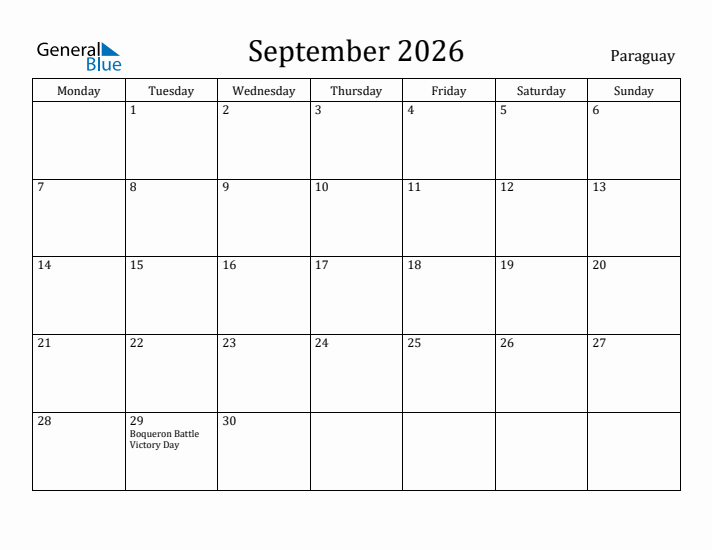 September 2026 Calendar Paraguay