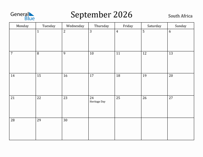 September 2026 Calendar South Africa