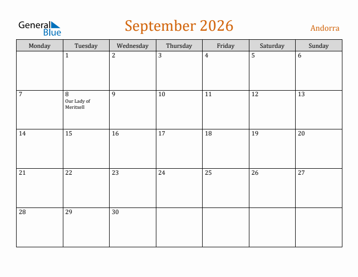 September 2026 Holiday Calendar with Monday Start