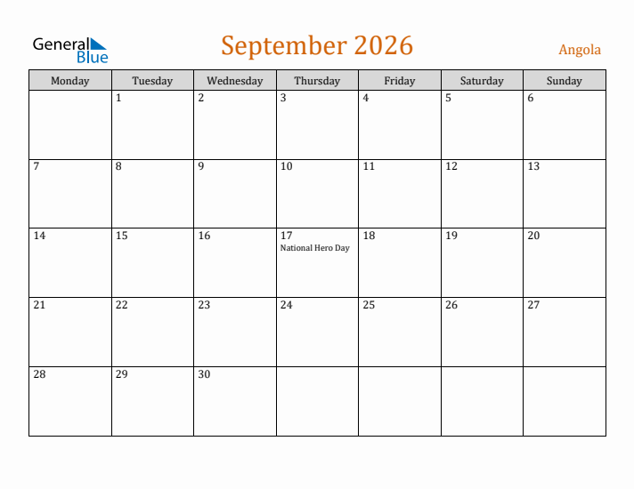 September 2026 Holiday Calendar with Monday Start