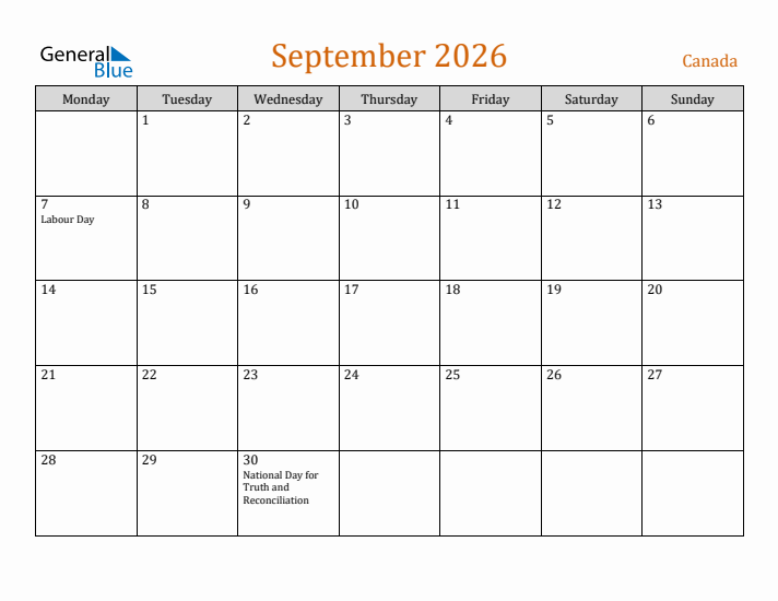 September 2026 Holiday Calendar with Monday Start