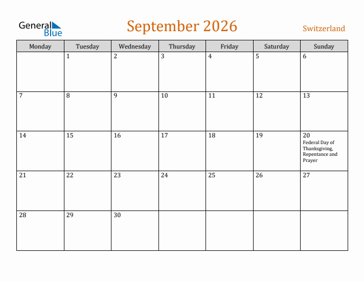 September 2026 Holiday Calendar with Monday Start