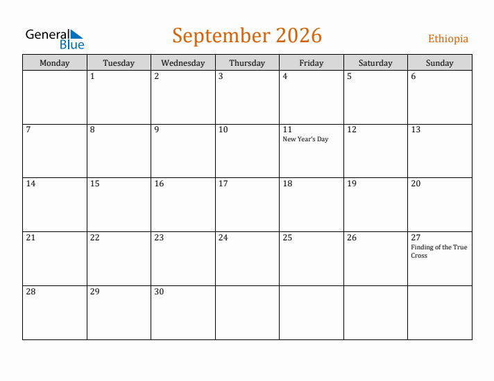 September 2026 Holiday Calendar with Monday Start